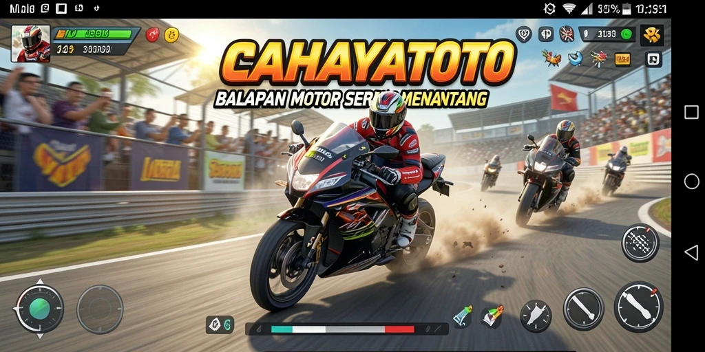 Screenshot gameplay CAHAYATOTO dengan balapan motor yang mendebarkan.