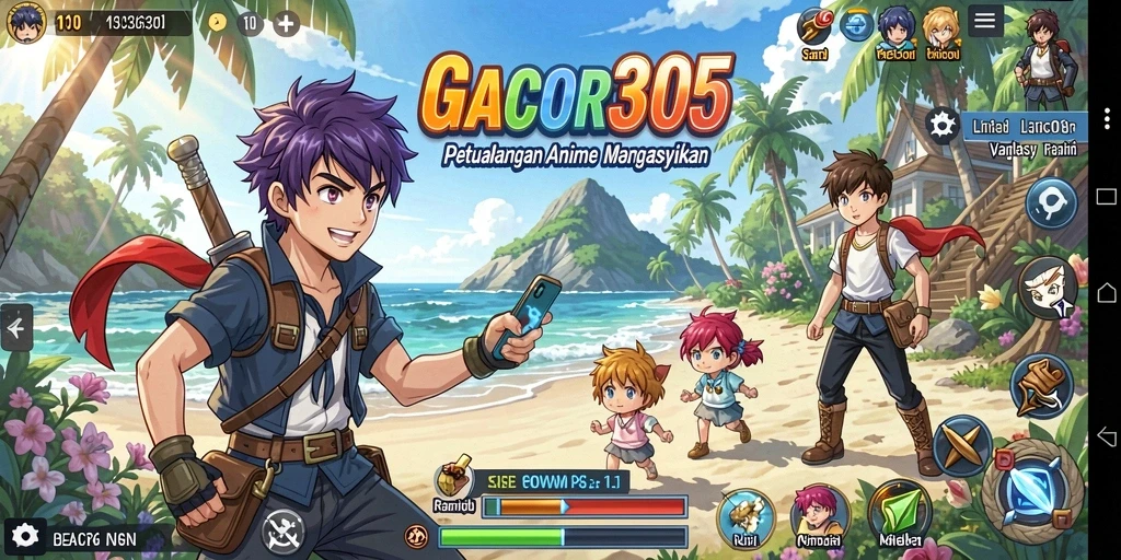 Tampilan gameplay GACOR305 yang penuh warna dan karakter unik.