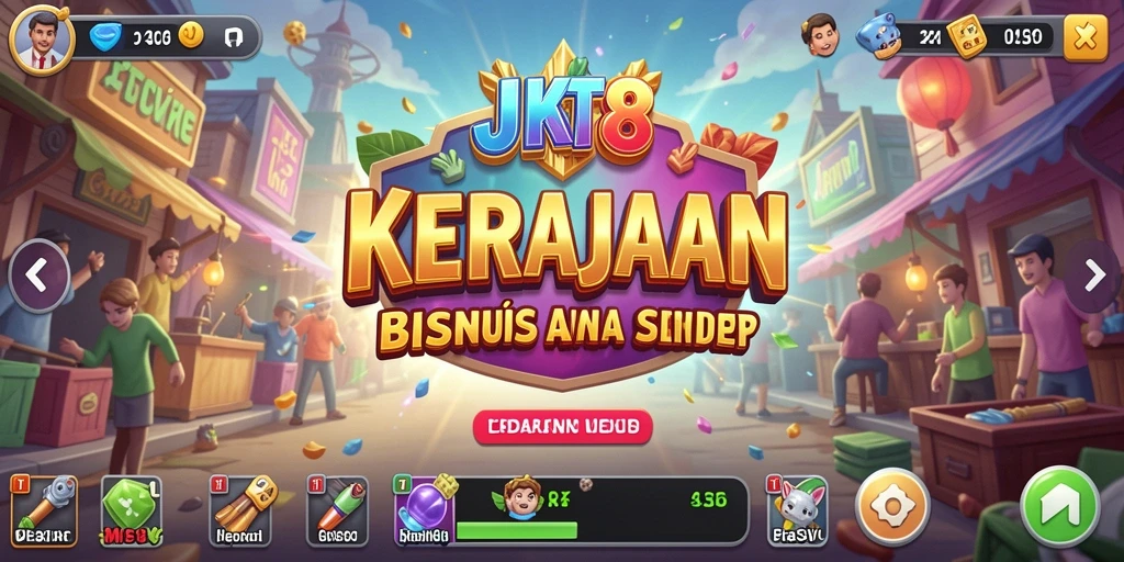 Tampilan gameplay JKT8 dengan berbagai pilihan strategi bisnis.
