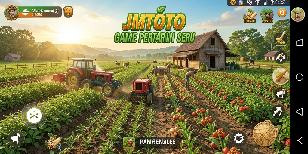 Screenshot utama JMTOTO menampilkan aktivitas bertani yang menyenangkan.