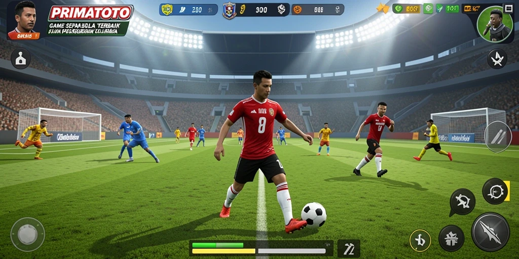 Screenshot PRIMATOTO menampilkan aksi sepak bola yang intens.