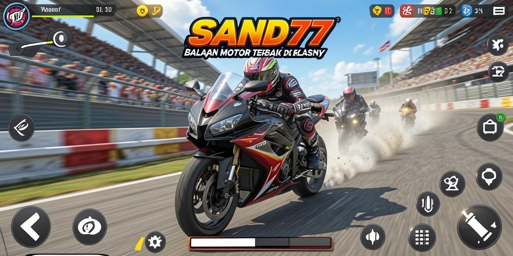 Tampilan gameplay menegangkan di SAND77 saat balapan motor.