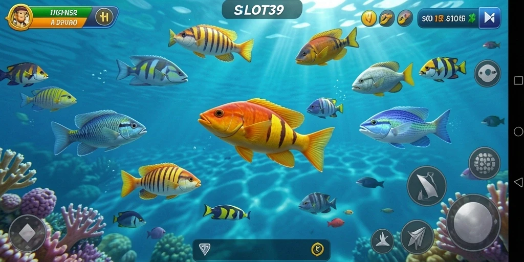 Tampilan gameplay seru dari SLOT39 dengan berbagai ikan berwarna-warni.