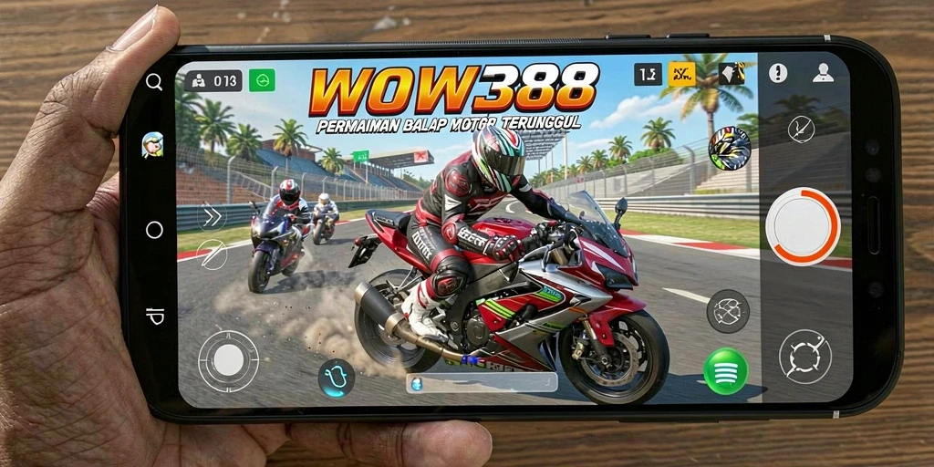 Tampilan gameplay seru dalam WOW388 yang menampilkan balapan motor yang cepat.